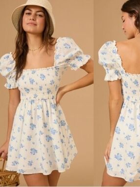 Altar'd State Blue & White Floral Swiss Dot Smocked Puffed Sleeve Mini Dress XL
